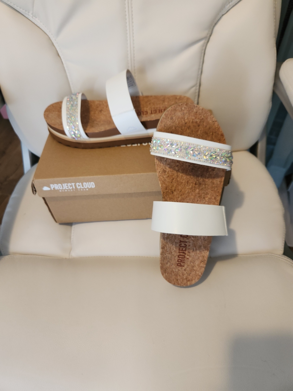 Project Cloud White Cork Slide Sandals with Sparkle Strap
